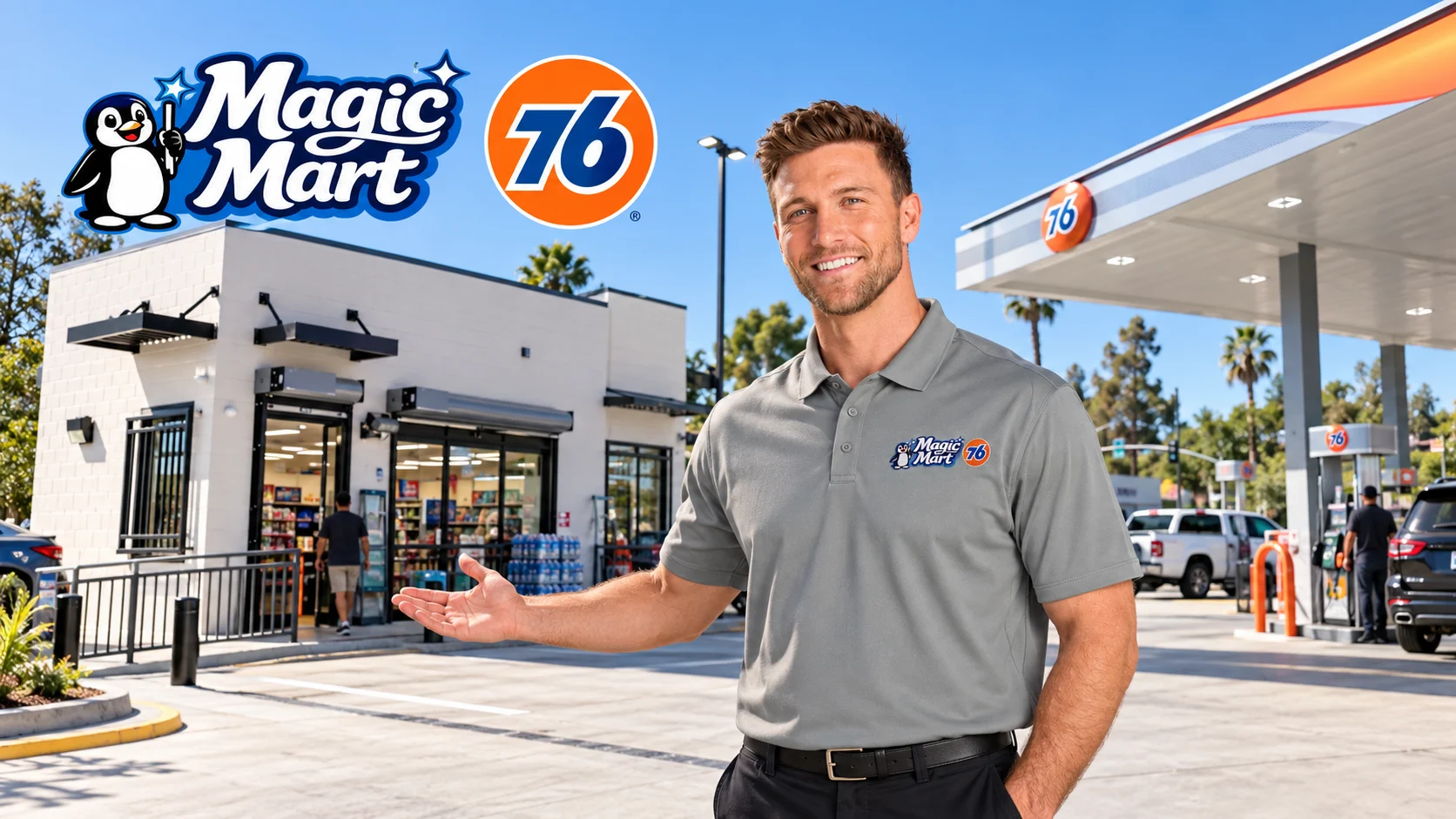 Magic Mart and 76 branding above a friendly employee welcoming customers to the convenience store and fuel station